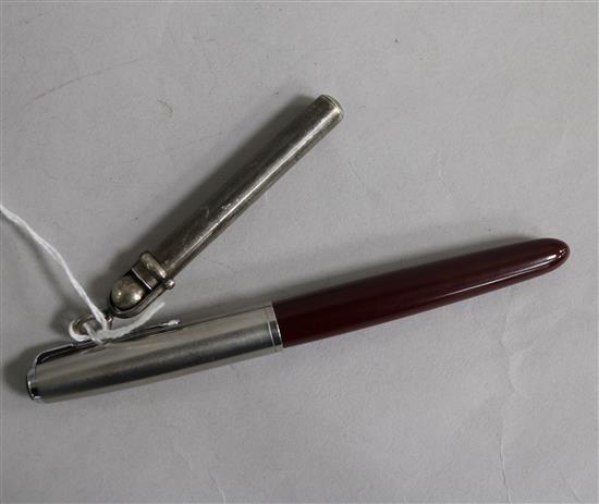 A late 19th/early 20th century white metal telescopic pen by Sampson Mordan & Co in white metal case with bale and a Parker 51 pen.